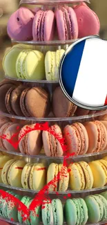 Colorful French macaron tower with heart and French flag.