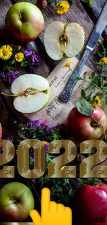 2022 wallpaper with apples, flowers, and rustic elements.