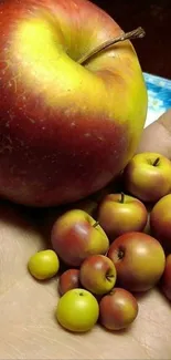 Hand holding one large apple surrounded by small apples.