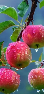 Vibrant red and green apples with water droplets on a branch.