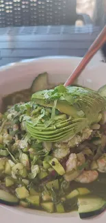 A vibrant salad with avocado and shrimp in a green setting.