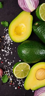 Vibrant avocados, lime, and cilantro on dark background.