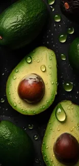 Fresh avocados with water droplets, perfect for wallpaper.