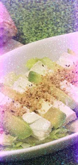 Fresh avocado salad with bread on green background.