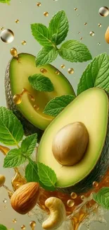 Avocado and mint splash with nuts for a vibrant mobile wallpaper.