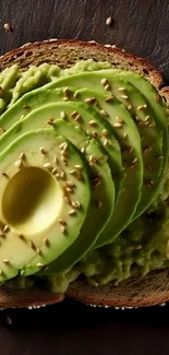 Sliced avocado on toasted bread with seeds.