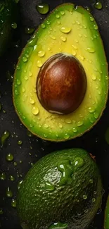 Close-up of fresh green avocados with water droplets on a dark background.