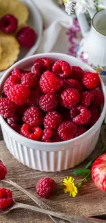 Bowl of red raspberries with flowers and apples on wooden table.