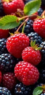 Close-up of juicy raspberries and blackberries.