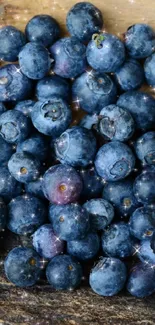 Cluster of fresh blueberries on rustic wood.