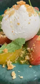 Burrata salad with vibrant tomatoes on a teal plate.