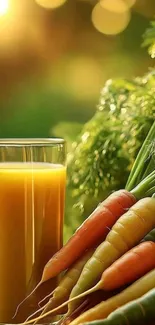 Fresh carrot juice with carrots and green background