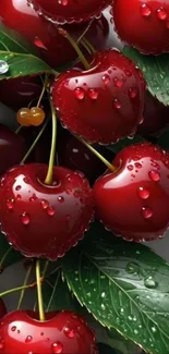 Close-up of fresh cherries with dewdrops.