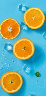 Vibrant blue wallpaper with orange slices and ice cubes for a refreshing display.