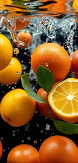 Citrus fruits splashing in water, vibrant and refreshing.