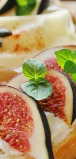 Sliced figs and mint leaves on bread for a refreshing wallpaper.
