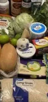 Assorted fresh groceries including vegetables and dairy products.