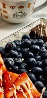 Fruit platter with berries and coffee cup on a cozy table.