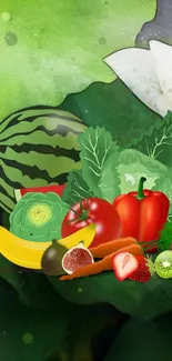 Vibrant fruit and veggie wallpaper with lush green tones.