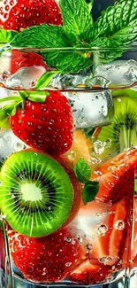 Refreshing glass of fruit-infused water with strawberries and kiwi.
