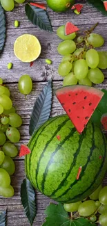 Green grapes and watermelon on wooden background.