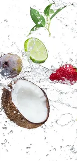 Fruits like coconut and lime splashing in water on a white background.