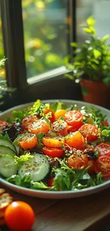 A vibrant garden salad with fresh tomatoes and cucumbers by a sunlit window.