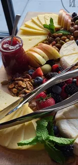 Gourmet cheese board with fruits and nuts, ideal for a culinary wallpaper.