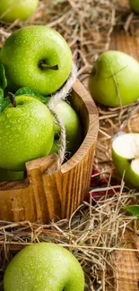 Vibrant green apples in a rustic wooden basket on wooden surface.