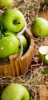 Vibrant green apples in a wooden basket with hay, perfect for a fresh wallpaper.