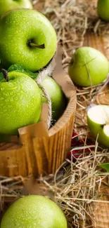 Green apples on wooden background with rustic elements.