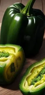 Close-up of a fresh green bell pepper and slices on a wooden board.