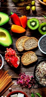 Fresh ingredients displayed on rustic table with vibrant colors.
