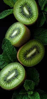 Sliced kiwis with mint leaves on dark background.