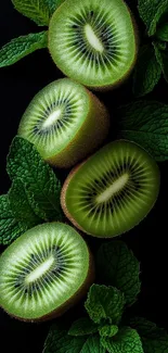 Vibrant kiwi slices with fresh mint leaves on black background.