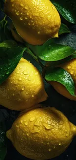 Fresh lemons with green leaves and dewdrops.