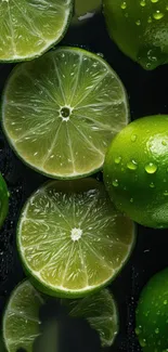 Sliced and whole limes with water droplets, vibrant green mobile wallpaper.