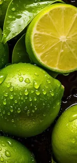 Dew-covered fresh green limes with a sliced lime on vibrant wallpaper.