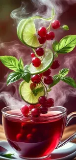 Steaming berry tea with mint and lime