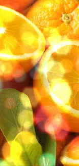 Close-up of fresh orange slices with green leaves.