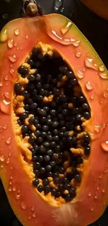 Close-up of a ripe papaya fruit with seeds, highlighting texture and color.