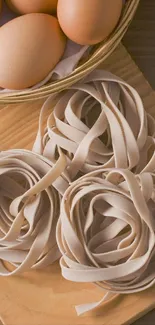 Fresh pasta and eggs on a wooden surface.