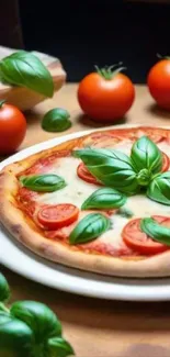 Colorful pizza with basil leaves and tomatoes on a plate.