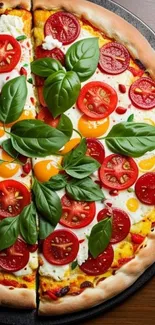 Fresh tomato and basil pizza with vibrant colors.