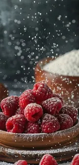 Raspberries in a wooden bowl with sugar dust.