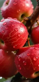 Vibrant red apples with dewdrops on a branch.