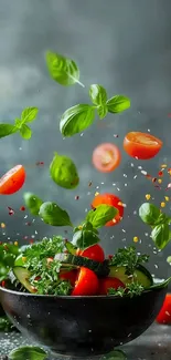 Fresh vegetables like tomatoes and basil soar above a salad bowl.