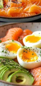 Colorful salmon and avocado bowl with eggs.