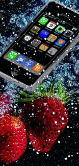 Smartphone with strawberries and water splash background.