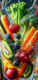 Colorful splash of fresh fruits and vegetables in a vibrant composition.